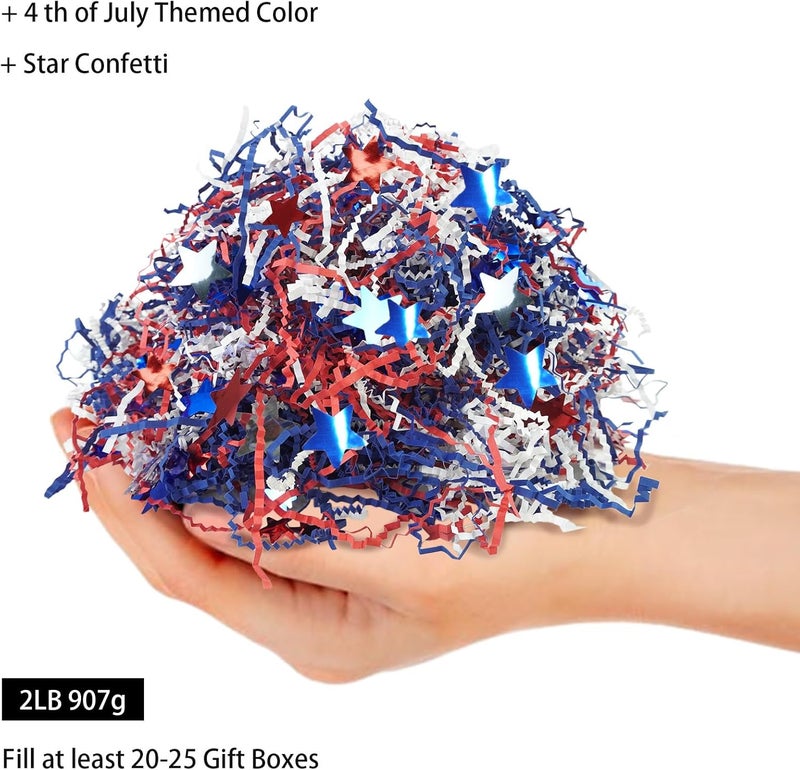 TORONTOKYO 2 LB Patriotic Grass Basket Filler Bulk, Red Blue White Crinkle Cut Paper Shred with Stars, Patriotic Box Basket Filler for 4th Of July Independence Day, Memorial Party, Veterans Day - Image 2